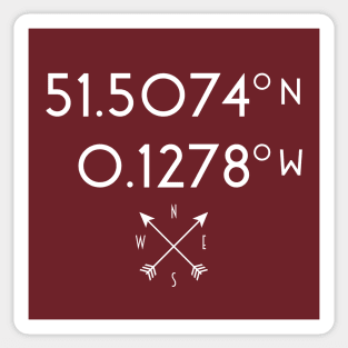 London Map Coordinates (latitude and longitude) white text with compass rose, no city name Sticker